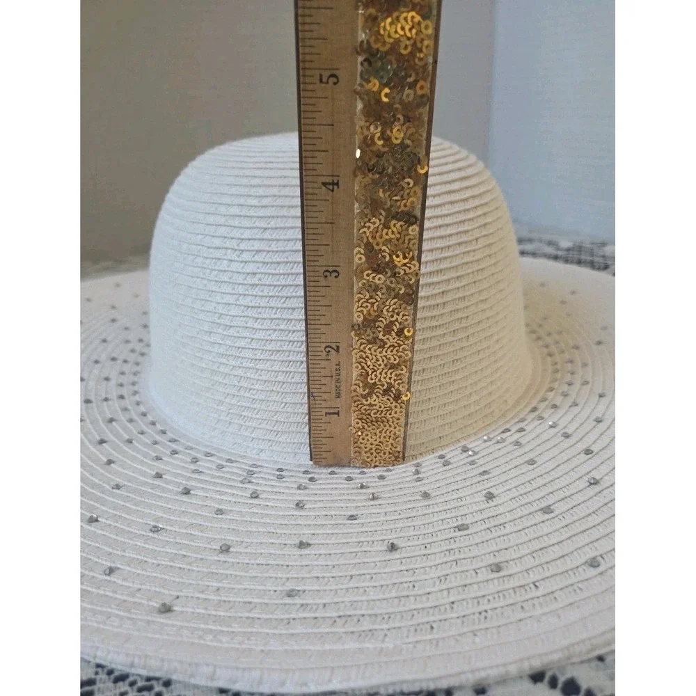 Scala Pronto Wide Brim Hat White Silver‎ Rhinestone OS Beach Vacation Resort